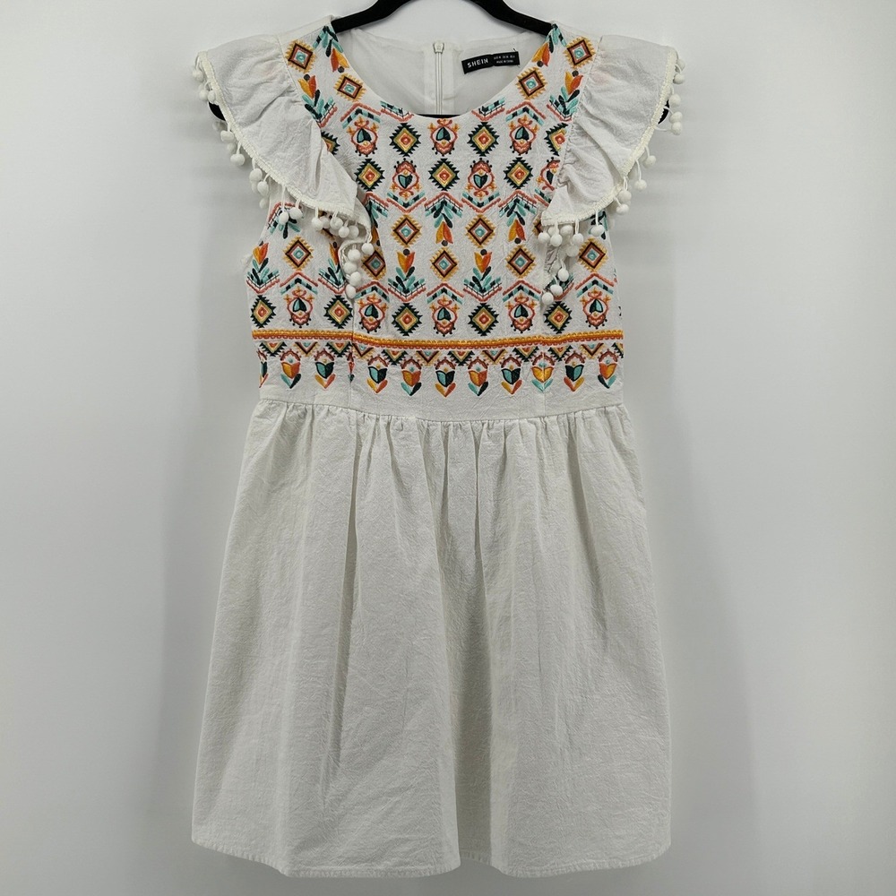 SHEIN White Colorful Embroidered Pom Pom Ruffle Mini Dress Cotton Med Boho Aztec